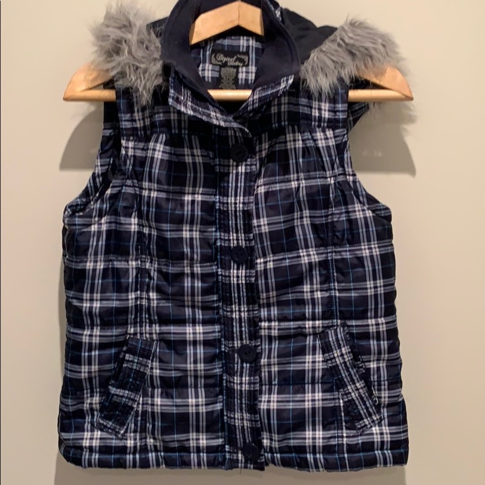 Aeropostale Navy Plaid Puffer Vest with Faux Fur Hood